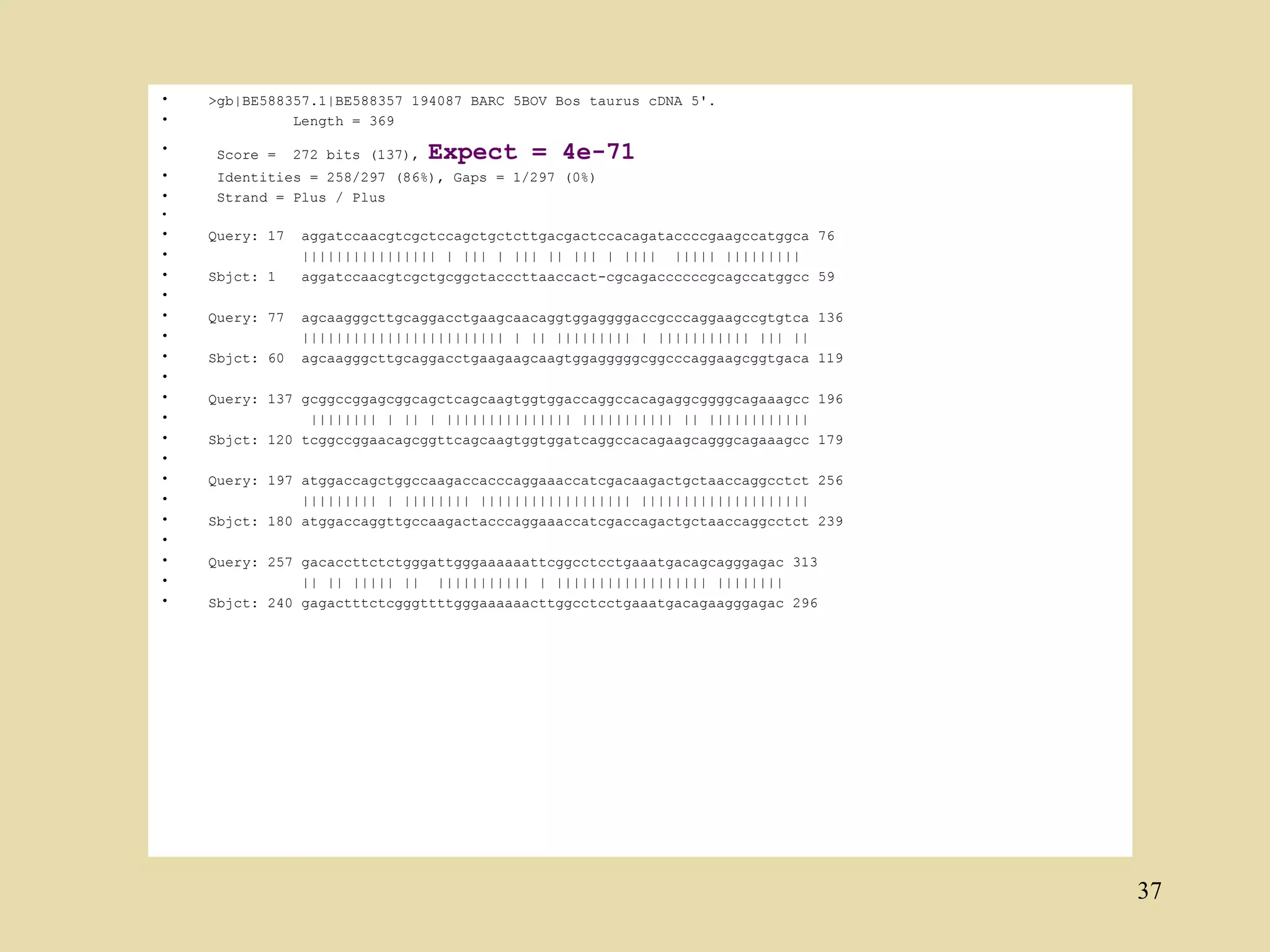 •   >gb|BE588357.1|BE588357 194087 BARC 5BOV Bos taurus cDNA 5'.
•             Length = 369
•    Score =    272 bits (137),   Expect = 4e-71
•    Identities = 258/297 (86%), Gaps = 1/297 (0%)
•    Strand = Plus / Plus
•
•   Query: 17    aggatccaacgtcgctccagctgctcttgacgactccacagataccccgaagccatggca 76
•                |||||||||||||||| | ||| | ||| || ||| | |||| ||||| |||||||||
•   Sbjct: 1     aggatccaacgtcgctgcggctacccttaaccact-cgcagaccccccgcagccatggcc 59
•
•   Query: 77    agcaagggcttgcaggacctgaagcaacaggtggaggggaccgcccaggaagccgtgtca 136
•                |||||||||||||||||||||||| | || ||||||||| | ||||||||||| ||| ||
•   Sbjct: 60    agcaagggcttgcaggacctgaagaagcaagtggagggggcggcccaggaagcggtgaca 119
•
•   Query: 137 gcggccggagcggcagctcagcaagtggtggaccaggccacagaggcggggcagaaagcc 196
•               |||||||| | || | ||||||||||||||| ||||||||||| || ||||||||||||
•   Sbjct: 120 tcggccggaacagcggttcagcaagtggtggatcaggccacagaagcagggcagaaagcc 179
•
•   Query: 197 atggaccagctggccaagaccacccaggaaaccatcgacaagactgctaaccaggcctct 256
•              ||||||||| | |||||||| |||||||||||||||||| ||||||||||||||||||||
•   Sbjct: 180 atggaccaggttgccaagactacccaggaaaccatcgaccagactgctaaccaggcctct 239
•
•   Query: 257 gacaccttctctgggattgggaaaaaattcggcctcctgaaatgacagcagggagac 313
•              || || ||||| || ||||||||||| | |||||||||||||||||| ||||||||
•   Sbjct: 240 gagactttctcgggttttgggaaaaaacttggcctcctgaaatgacagaagggagac 296




                                                                                    37
 