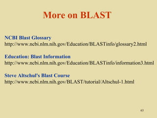More on BLAST

NCBI Blast Glossary
http://www.ncbi.nlm.nih.gov/Education/BLASTinfo/glossary2.html

Education: Blast Information
http://www.ncbi.nlm.nih.gov/Education/BLASTinfo/information3.html

Steve Altschul's Blast Course
http://www.ncbi.nlm.nih.gov/BLAST/tutorial/Altschul-1.html




                                                             63
 