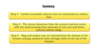 Summary
Step 4 - Carbon monoxide reduces iron ore and produces molten
iron.
Step 5 - The excess limestone from the second reaction reacts
with the sand (coming from minerals in iron ore) and forms
calcium silicate (slag) .
Step 6 - Slag and molten iron are drained from the bottom of the
furnace and gas produced exits through holes in the top of the
furnace.
 
