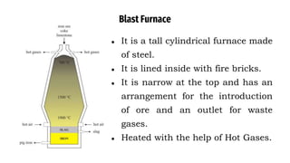 Blast Furnace
● It is a tall cylindrical furnace made
of steel.
● It is lined inside with fire bricks.
● It is narrow at the top and has an
arrangement for the introduction
of ore and an outlet for waste
gases.
● Heated with the help of Hot Gases.
 