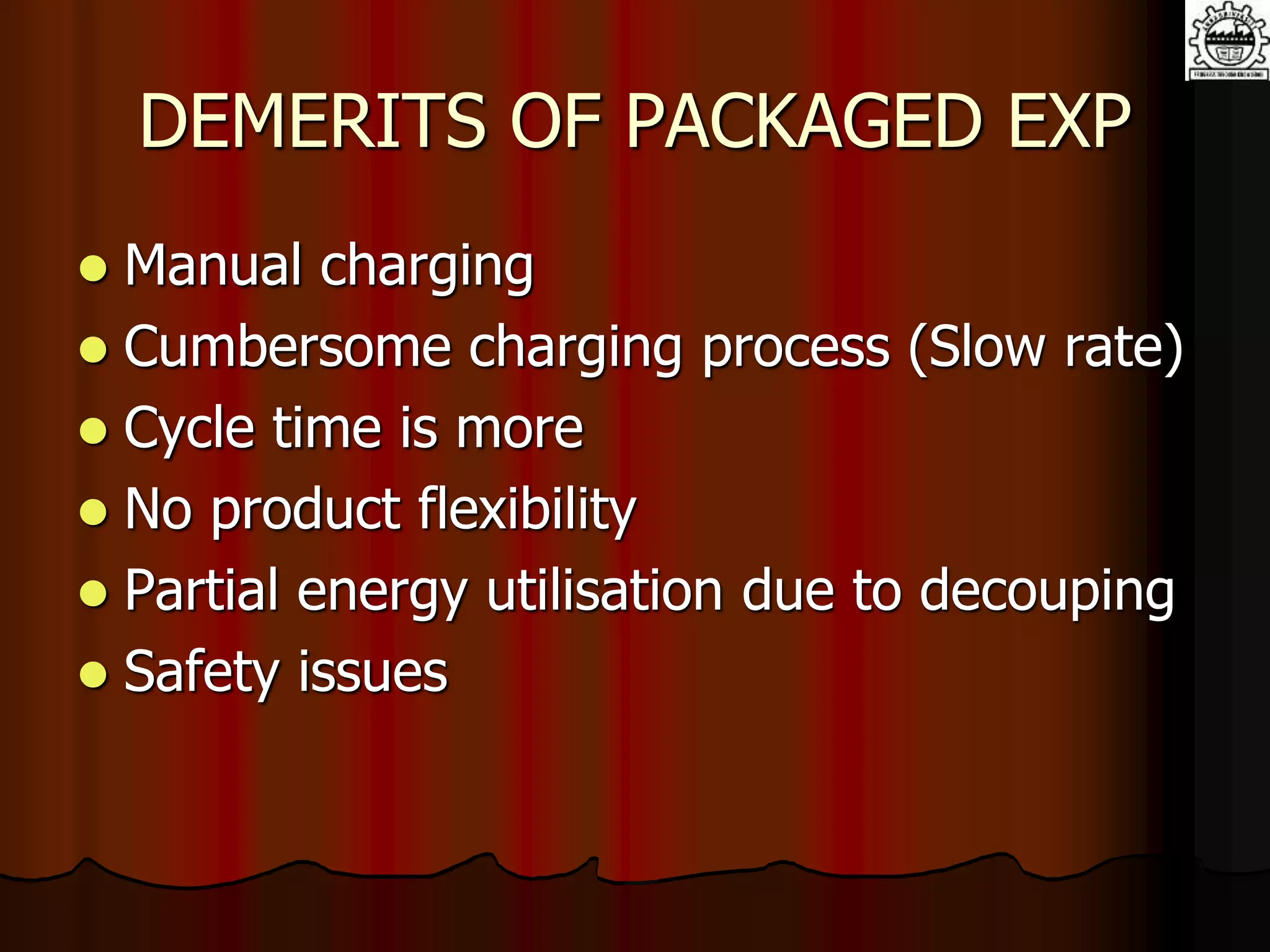 DEMERITS OF PACKAGED EXP
 Manual charging
 Cumbersome charging process (Slow rate)
 Cycle time is more
 No product flexibility
 Partial energy utilisation due to decouping
 Safety issues
 