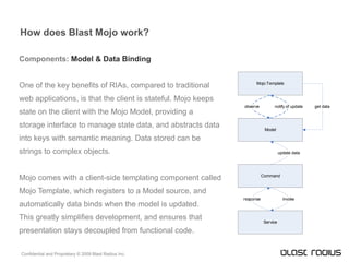 How does Blast Mojo work? Components:  Model & Data Binding One of the key benefits of RIAs, compared to traditional  web applications, is that the client is stateful. Mojo keeps state on the client with the Mojo Model, providing a  storage interface to manage state data, and abstracts data into keys with semantic meaning. Data stored can be strings to complex objects. Mojo comes with a client-side templating component called Mojo Template, which registers to a Model source, and automatically data binds when the model is updated. This greatly simplifies development, and ensures that presentation stays decoupled from functional code. 