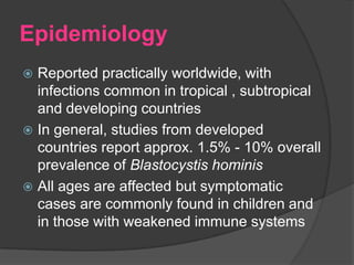 Epidemiology
 Reported practically worldwide, with
  infections common in tropical , subtropical
  and developing countries
 In general, studies from developed
  countries report approx. 1.5% - 10% overall
  prevalence of Blastocystis hominis
 All ages are affected but symptomatic
  cases are commonly found in children and
  in those with weakened immune systems
 