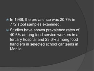  In 1988, the prevalence was 20.7% in
  772 stool samples examined.
 Studies have shown prevalence rates of
  40.6% among food service workers in a
  tertiary hospital and 23.6% among food
  handlers in selected school canteens in
  Manila
 