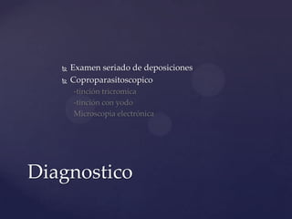    Examen seriado de deposiciones
      Coproparasitoscopico
       -tinción tricromíca
       -tinción con yodo
       Microscopia electrónica




Diagnostico
 