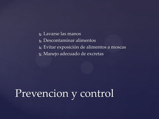    Lavarse las manos
       Descontaminar alimentos
       Evitar exposición de alimentos a moscas
       Manejo adecuado de excretas




Prevencion y control
 