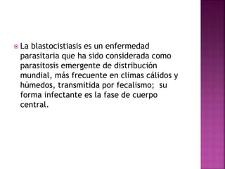  La blastocistiasis es un enfermedad
parasitaria que ha sido considerada como
parasitosis emergente de distribución
mundial, más frecuente en climas cálidos y
húmedos, transmitida por fecalismo; su
forma infectante es la fase de cuerpo
central.
 