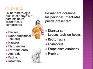 La sintomatología
que se atribuye a B.
hominis no es
específica y
comprende:
 Diarrea
 Dolor abdominal
(cólicos)
 Nauseas
 Flatulencias
 Estreñimiento
 Anorexia
 Fatiga.
 Insomnio
De manera ocasional
las personas infectadas
puede presentar:
 Diarrea con
Leucocitosis en heces
 Rectorragia
 Eosinofilia
 Erupciones cutáneas
 Prurito.
 