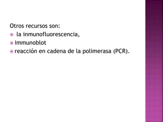 Otros recursos son:
 la inmunofluorescencia,
 immunoblot
 reacción en cadena de la polimerasa (PCR).
 