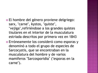  El hombre del género proviene delgriego:
sarx, "carne", kystos, "quiste",
"vejiga",refiriéndose a los grandes quistes
tisulares en el interior de la musculatura
estriada descritos por primera vez en 1843
 Erróneamente los consideró como esporas y
denominó a todo el grupo de especies de
Sarcocystis, que se encontraban en la
musculatura del hombre y de varios
mamíferos "Sarcosporidia" ("esporas en la
carne").
 