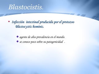 Blastocistis . <ul><li>Infección  intestinal producida por el protozoo  Blastocystis hominis. </li></ul><ul><ul><li>agente...
