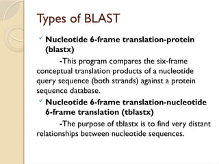 Types of BLAST
 Nucleotide 6-frame translation-protein
(blastx)
-This program compares the six-frame
conceptual translation products of a nucleotide
query sequence (both strands) against a protein
sequence database.
 Nucleotide 6-frame translation-nucleotide
6-frame translation (tblastx)
-The purpose of tblastx is to find very distant
relationships between nucleotide sequences.
 