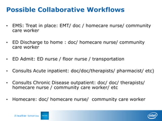 Possible Collaborative Workflows

•   EMS: Treat in place: EMT/ doc / homecare nurse/ community
    care worker

•   ED Discharge to home : doc/ homecare nurse/ community
    care worker

•   ED Admit: ED nurse / floor nurse / transportation

•   Consults Acute inpatient: doc/doc/therapists/ pharmacist/ etc)

•   Consults Chronic Disease outpatient: doc/ doc/ therapists/
    homecare nurse / community care worker/ etc

•   Homecare: doc/ homecare nurse/ community care worker
 