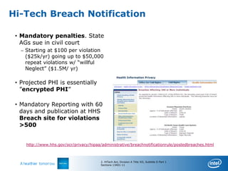 Hi-Tech Breach Notification

 • Mandatory penalties. State
   AGs sue in civil court
   – Starting at $100 per violation
    ($25k/yr) going up to $50,000
    repeat violations w/ “willful
    Neglect” ($1.5M/ yr)
                                                     Breach Notifications Week of June 1
 • Projected PHI is essentially
   ”encrypted PHI”

 • Mandatory Reporting with 60
   days and publication at HHS
   Breach site for violations
   >500


     http://www.hhs.gov/ocr/privacy/hipaa/administrative/breachnotificationrule/postedbreaches.html



                                          2. HiTech Act, Division A Title XII, Subtitle D Part 1
                                          Sections 13401-11
 