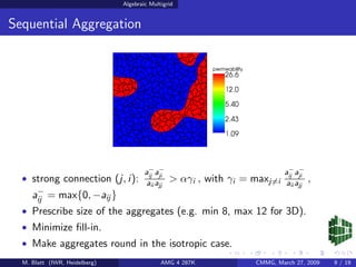 Algebraic Multigrid


Sequential Aggregation




                                       a− a−                      a− a−
  • strong connection (j, i): a aji > αγi , with γi = maxj=i a aji ,
                              ij                             ij
                               ii jj                          ii jj
      −
     aij = max{0, −aij }
  • Prescribe size of the aggregates (e.g. min 8, max 12 for 3D).
  • Minimize ﬁll-in.
  • Make aggregates round in the isotropic case.
  M. Blatt (IWR, Heidelberg)                 AMG 4 287K   CMMG, March 27, 2009   9 / 19
 