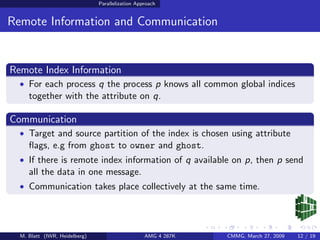 Parallelization Approach


Remote Information and Communication


Remote Index Information
  • For each process q the process p knows all common global indices
     together with the attribute on q.

Communication
  • Target and source partition of the index is chosen using attribute
     ﬂags, e.g from ghost to owner and ghost.
  • If there is remote index information of q available on p, then p send
     all the data in one message.
  • Communication takes place collectively at the same time.




  M. Blatt (IWR, Heidelberg)                      AMG 4 287K   CMMG, March 27, 2009   12 / 19
 