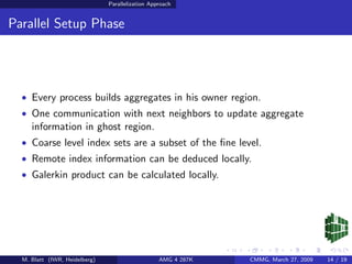Parallelization Approach


Parallel Setup Phase




  • Every process builds aggregates in his owner region.
  • One communication with next neighbors to update aggregate
     information in ghost region.
  • Coarse level index sets are a subset of the ﬁne level.
  • Remote index information can be deduced locally.
  • Galerkin product can be calculated locally.




  M. Blatt (IWR, Heidelberg)                      AMG 4 287K   CMMG, March 27, 2009   14 / 19
 