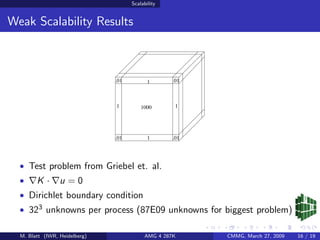 Scalability


Weak Scalability Results



                               .01          1      .01



                               1         1000       1




                               .01          1      .01




  • Test problem from Griebel et. al.
  •     K·       u=0
  • Dirichlet boundary condition
  • 323 unknowns per process (87E09 unknowns for biggest problem)

  M. Blatt (IWR, Heidelberg)              AMG 4 287K     CMMG, March 27, 2009   16 / 19
 