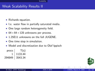 Scalability


Weak Scalability Results II


  • Richards equation.
  • I.e. water ﬂow in partially saturated media.
  • One large random heterogeneity ﬁeld.
  • 64 ∗ 64 ∗ 128 unknowns per process.
  • 1.25E11 unknowns on the full JUGENE.
  • One time step in simulation.
  • Model and discretization due to Olaf Ippisch
   procs          T(s)
       1       1133.44
 294849        3543.34



  M. Blatt (IWR, Heidelberg)        AMG 4 287K     CMMG, March 27, 2009   18 / 19
 