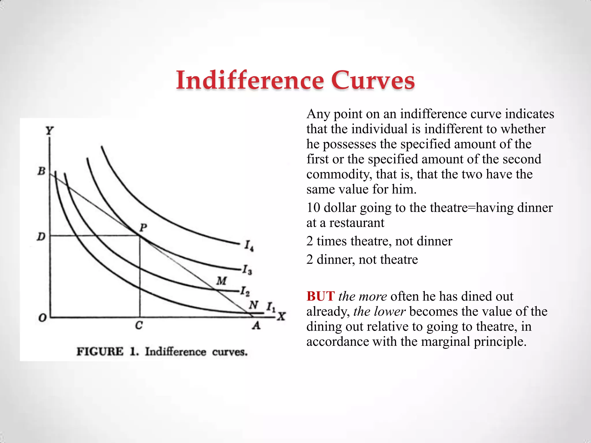 Indifference Curves
Any point on an indifference curve indicates
that the individual is indifferent to whether
he possesses the specified amount of the
first or the specified amount of the second
commodity, that is, that the two have the
same value for him.
10 dollar going to the theatre=having dinner
at a restaurant
2 times theatre, not dinner
2 dinner, not theatre
BUT the more often he has dined out
already, the lower becomes the value of the
dining out relative to going to theatre, in
accordance with the marginal principle.
 
