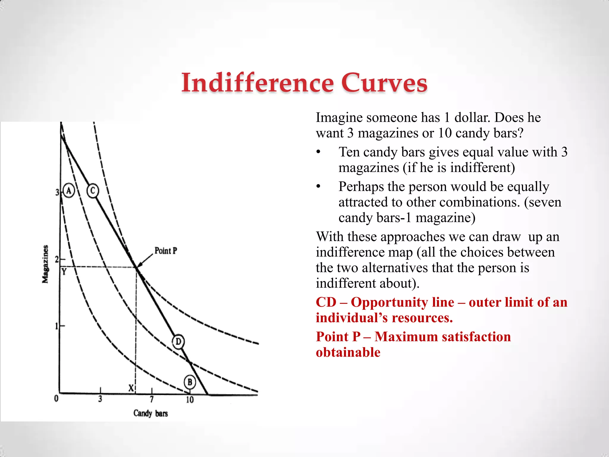 Indifference Curves
Imagine someone has 1 dollar. Does he
want 3 magazines or 10 candy bars?
• Ten candy bars gives equal value with 3
magazines (if he is indifferent)
• Perhaps the person would be equally
attracted to other combinations. (seven
candy bars-1 magazine)
With these approaches we can draw up an
indifference map (all the choices between
the two alternatives that the person is
indifferent about).
CD – Opportunity line – outer limit of an
individual’s resources.
Point P – Maximum satisfaction
obtainable
 