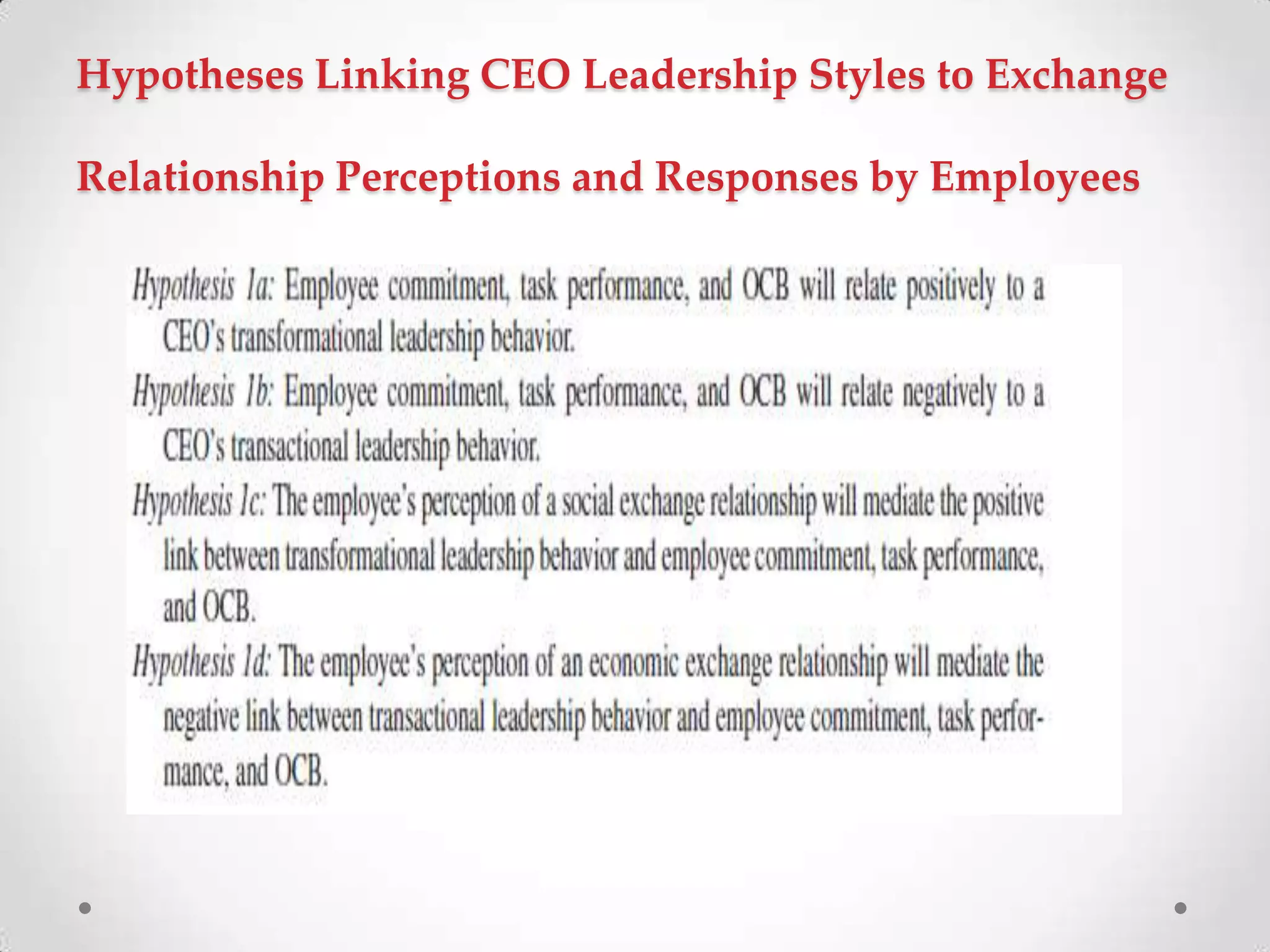 Hypotheses Linking CEO Leadership Styles to Exchange
Relationship Perceptions and Responses by Employees
 
