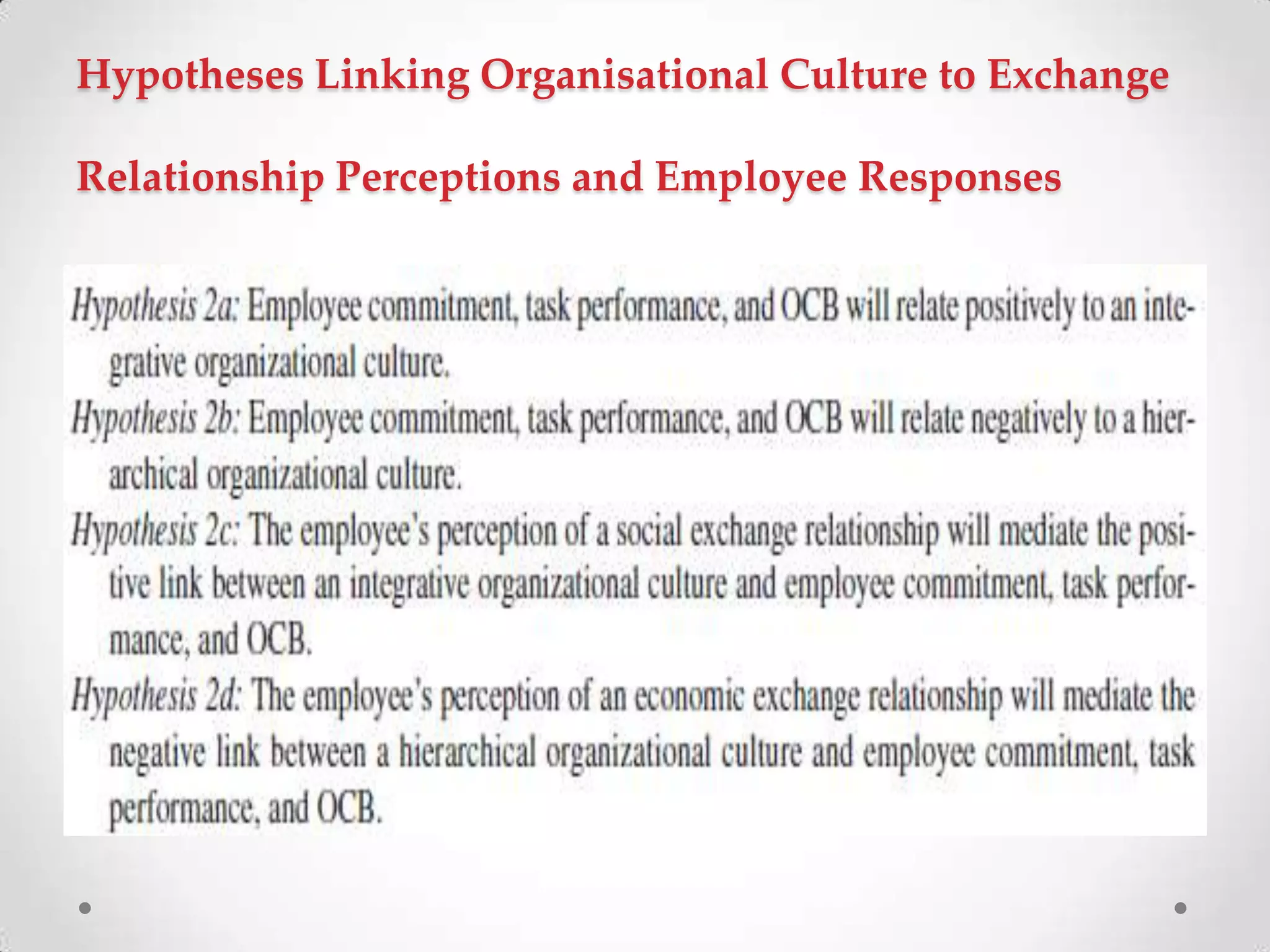 Hypotheses Linking Organisational Culture to Exchange
Relationship Perceptions and Employee Responses
 