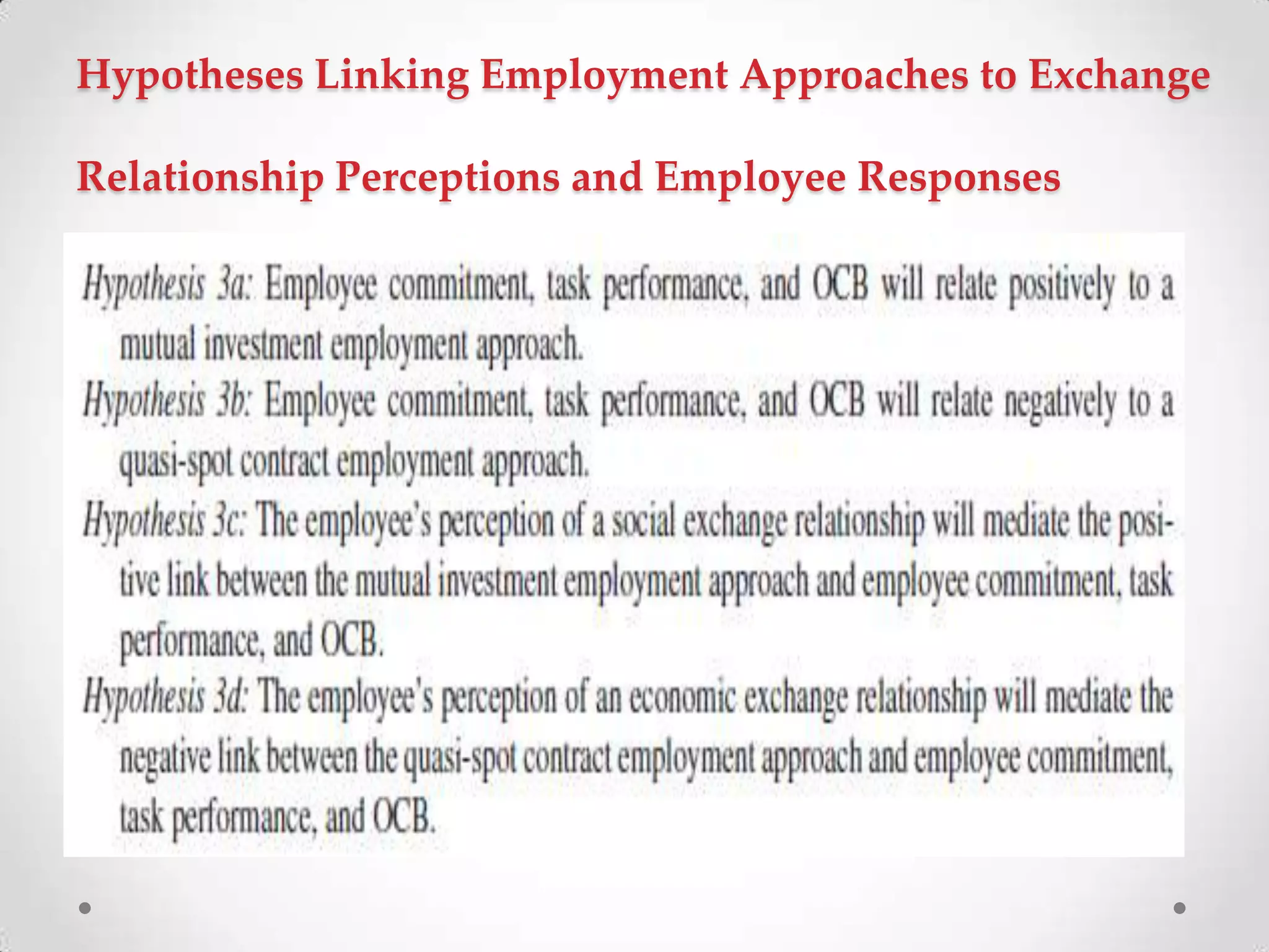 Hypotheses Linking Employment Approaches to Exchange
Relationship Perceptions and Employee Responses
 