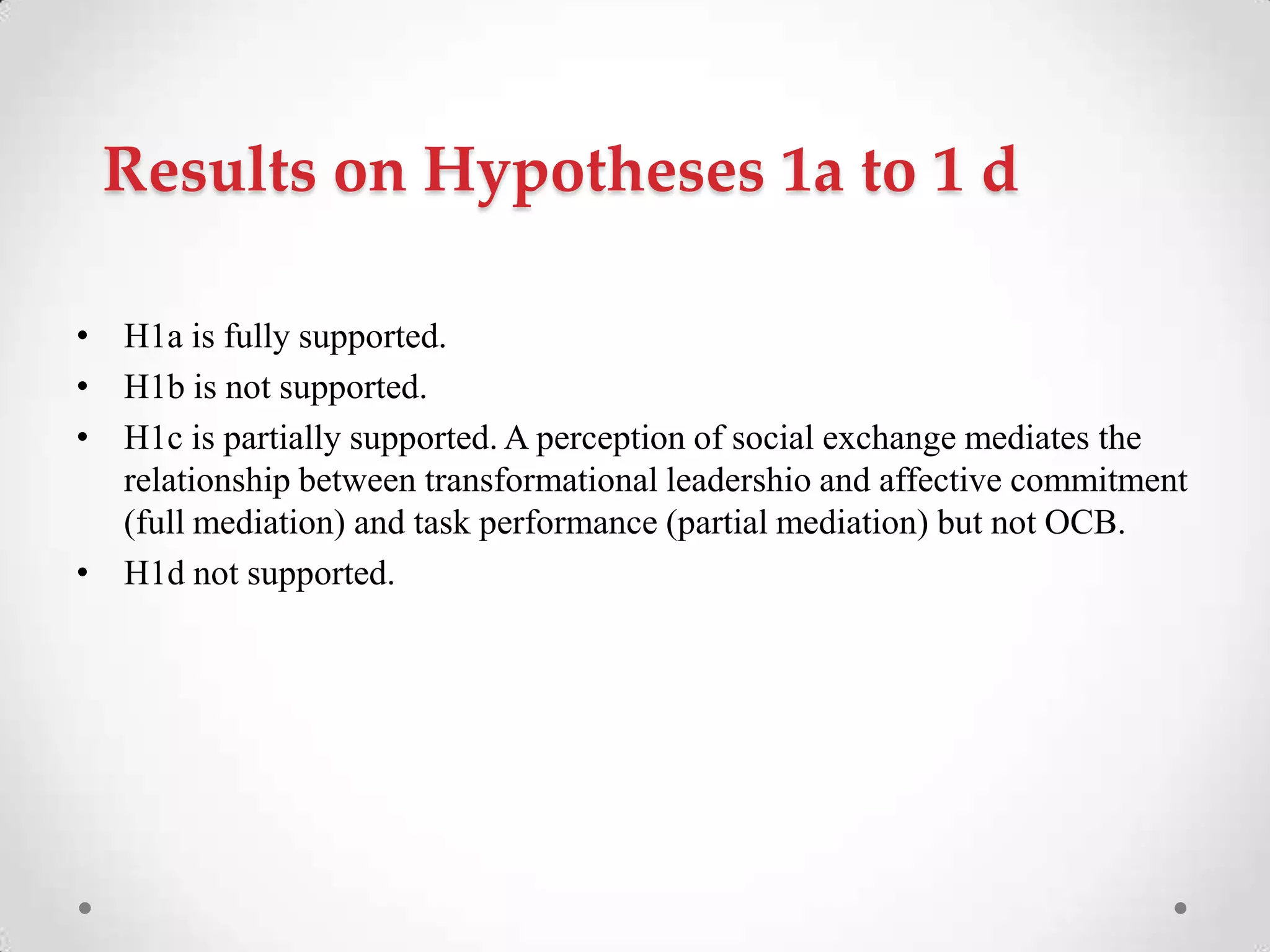 Results on Hypotheses 1a to 1 d
• H1a is fully supported.
• H1b is not supported.
• H1c is partially supported. A perception of social exchange mediates the
relationship between transformational leadershio and affective commitment
(full mediation) and task performance (partial mediation) but not OCB.
• H1d not supported.
 