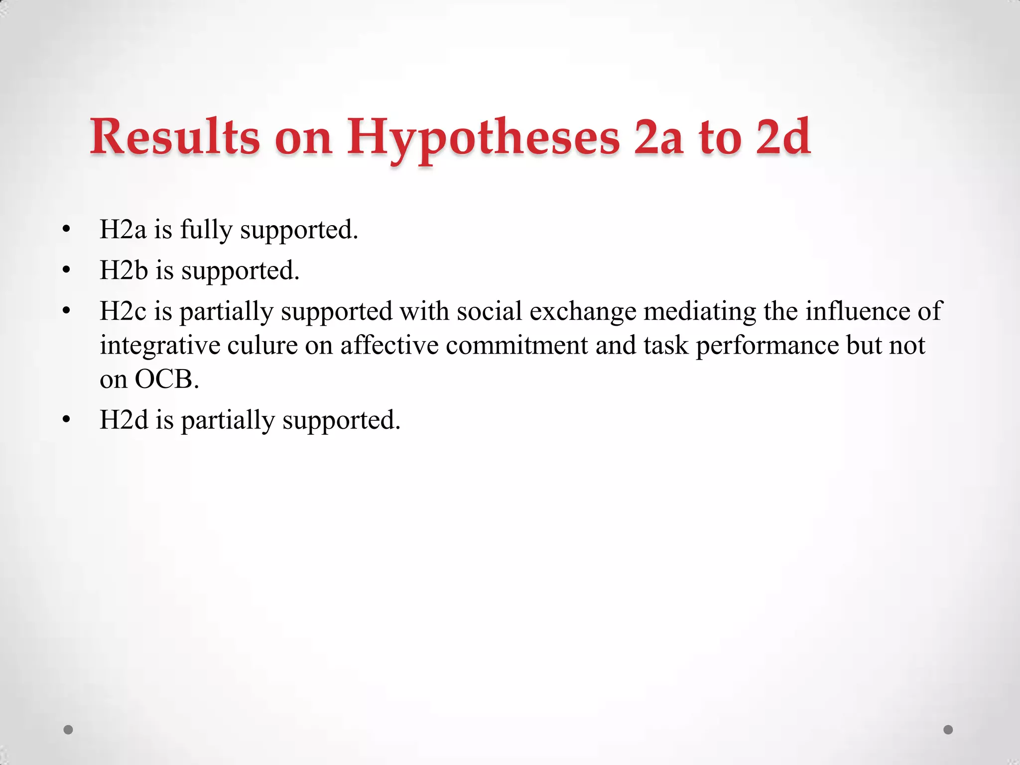 Results on Hypotheses 2a to 2d
• H2a is fully supported.
• H2b is supported.
• H2c is partially supported with social exchange mediating the influence of
integrative culure on affective commitment and task performance but not
on OCB.
• H2d is partially supported.
 