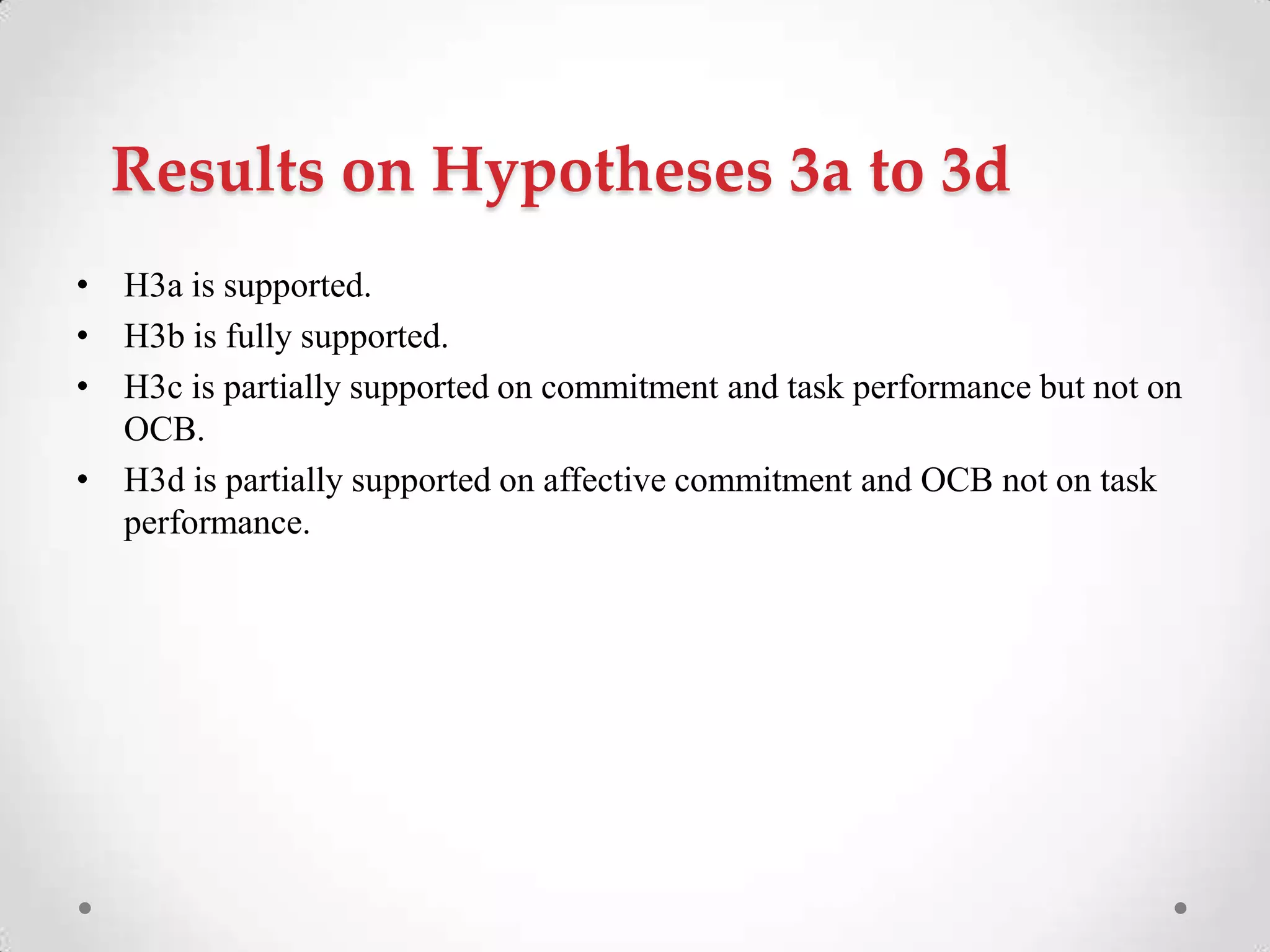 Results on Hypotheses 3a to 3d
• H3a is supported.
• H3b is fully supported.
• H3c is partially supported on commitment and task performance but not on
OCB.
• H3d is partially supported on affective commitment and OCB not on task
performance.
 
