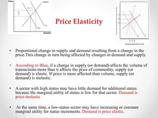 Price Elasticity
• Proportional change in supply and demand resulting from a change in the
price.This change in turn being affected by changes in demand and supply.
• According to Blau, if a change in supply (or demand) affects the volume of
transactions more than it affects the price of commodity, supply (or
demand) is elastic. If price is more affected than volume, supply (or
demand) is inelastic.
• A sector with high status may have little demand for additional status
because the marginal utility of status is low for that sector. Demand is
price-inelastic
• At the same time, a low-status sector may have increasing or constant
marginal utility for status increments. Demand is price elastic.
 
