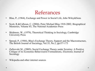 Referances
• Blau, P., (1964), Exchange and Power in Social Life, John Wiley&Sons
• Scott, R.&Calhoun, C. (2004), Peter Michael Blau 1918-2002, Biographical
Memories, Volume 85, The National Academies Press
• Skidmore, W., (1979), Theoretical Thinking in Sociology, Cambridge
University Press
• Spread, P., (1984), Blau's Exchange Theory, Support and the Macrostructure,
The British Journal of Sociology, Vol.35, No.2, pp157-173
• Zafirovski M., (2005), Social Exchange Theory under Scrutiny: A Positive
Critique of its Economic-Behaviourist Formulations, Electronic Journal of
Socialogy
• Wikipedia and other internet sources
 