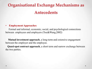 Organisational Exchange Mechanisms as
Antecedents
• Employment Approaches
Formal and informal, economic, social, and psychological connections
between employees and employers (Tsui&Wang,2002)
Mutual investment approach, a long-term and extensive engagement
between the employer and the employee.
Quasi-spot contract approach, a short term and narrow exchange between
the two parties.
 