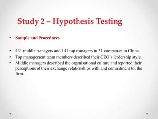 Study 2 – Hypothesis Testing
• Sample and Procedures
• 441 middle managers and 141 top managers in 31 companies in China.
• Top management team members described their CEO‘s leadership style.
• Middle managers described the organisational culture and reported their
perceptions of their exchange relationships with and commitment to, the
firm.
 