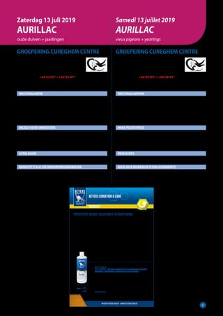 31
GROEPERING CUREGHEM CENTRE
INKORVING op WOENSDAG 10 juli 2019
LOSSING op ZATERDAG 13 juli 2019
COORDINATEN +44°55’03”/ +02°25’47”
WINST of VERLIES 	 675 km
NEUTRALISATIE
Zaterdag	   13/7	 5u14	 22u52
Zondag	   14/7	 5u15	 22u51
Maandag	   15/7	5u16	 22u50
Dinsdag	   16/7	5u17	 22u49
Woensdag	   17/7	5u18	 22u48
Donderdag	   18/7	5u20	 22u47
INLEG VOOR ONKOSTEN
Oude duiven : € 2,40 (€ 2,25 + € 0,15 uitslagen)
Jaarlingen : € 2,40 (€ 2,25 + € 0,15 uitslagen)			
18 duiven per mand
(onvolledige manden : aantal en geslacht vermelden a.u.b.)
UITSLAGEN
Nationaal  zonaal via WPROL	
BERICHT T.A.V. DE INKORVINGSBURELEN
Elk inkorvingslokaal stort de inleggelden, binnen de 3 dagen na
de inkorving op rekening van de Groepering Cureghem Centre :	
BE61 7370 2639 1117
GROEPERING CUREGHEM CENTRE
ENLOGEMENT le MERCREDI 10 juillet 2019
LACHER le SAMEDI 13 juillet 2019
COORDONNEES +44°55’03”/ +02°25’47”
GAIN ou PERTE 675 km
NEUTRALISATION
Samedi	   13/7	 5h14	 22h52
Dimanche 	   14/7	 5h15	 22h51
Lundi	   15/7	5h16	 22h50
Mardi	   16/7	5h17	 22h49
Mercredi	   17/7	5h18	 22h48
Jeudi	   18/7	5h20	 22h47
MISE POUR FRAIS
Vieux pigeons : € 2,40 (€ 2,25 + € 0,15 résultats)
Yearlings : € 2,40 (€ 2,25 + € 0,15 résultats)
18 pigeons par panier
(paniers incomplets : mentionner le nombre et le sexe s.v.p.)
RESULTATS
National  zonal via WPROL
AVIS AUX BUREAUX D’ENLOGEMENTS
Chaque société verse le montant de la recette (enjeux) dans les 3
jours après l’enlogement sur le compte du Groepering Cureghem
Centre : BE61 7370 2639 1117.
Zaterdag 13 juli 2019
AURILLAC
oude duiven + jaarlingen
Samedi 13 juillet 2019
AURILLAC
vieux pigeons + yearlings
info@beyersbelgium.be - www.beyersbelgium.be
BEYERSCONDITIONCARE
ReloadVloeibareoplossingmetdebelangrijksteessentiële
aminozuren,elektrolyten,minerealenenoligo-elementen.
• Bevat de belangrijkste essentiële aminozuren voor duiven zoals lysine en methionine om de
benutbaarheid van de eiwitten in het voer te verhogen en het aminozuur glutamine dat belangrijk is voor
de spieren en als belangrijke voedingsbron voor de darmcellen geldt.
• Door de afvalstoffen uit het lichaam te elimineren dankzij de toevoeging van choline en de verbruikte
zouten (kaliumchloride, natriumchloride) en mineralen (calcium, magnesium) aan te vullen zorgt het voor
een snellere recuperatie van uw duiven.
• Natriumseleniet pentahydraat, vormt een bron van selenium, dat een essentieel oligo- element in de
voeding is en helpt bij een goede stofwisseling. Andere oligo-elementen in chelaatvorm (zink, koper)
zorgen voor een optimale opname van de voedingsstoffen uit het voer.
• Snelle (dextrose) en trage suikers (maltodextrine) zorgen voor een energieboost na terugkomst.
Gebruiksaanwijzing: 30 ml / 2 l drinkwater.
• Het hele jaar: 2 x per week. Tijdens het sportseizoen de 2 eerste dagen na thuiskomst.
RECOVERY
@I20190287
Preventievenazorg,recuperatieenheroplading.
Na een inspanning volgt er steeds een herstelperiode gevolgd door een opbouwfase naar de volgende inspanning toe. Tijdens
het sportseizoen start de voorbereiding van de volgende vlucht reeds bij thuiskomst van de vorige vlucht of liever zelfs al tijdens de
voorbereidende vluchten naar de eigenlijke vluchten die er toe doen voor de liefhebber.
Veelal wordt er te weinig aandacht geschonken aan de herstelperiode. Het is veel meer dan de energievoorraad aanvullen en de dorst
lessen! Alle lichaamscellen van de duif dienen terug naar hun natuurlijk evenwicht gebracht te worden.
Door het aanvullen van de ontstane tekorten (eiwitten, mineralen en vitaminen) bij thuiskomst van een duurprestatie door een aangepaste
licht verteerbare eiwitrijke mengeling (bv BEYERS 24D-SUPERDIEET) samen met een geschikt aanvullend supplement zorgen we voor een
snellere recuperatie. Heropladen is dus het aanvullen van tekorten ontstaan door geleverde prestaties. Het herstellen van het onevenwicht.
Pas nadien heeft het pas zin om over te gaan tot de opbouwfase met de nadruk op energie via koolhydraten (spierglycogeen, glucose) en
vetten.
Eiwitbehoefte of aminozuurbehoefte?
Eiwitten zijn de bouwstoffen van het lichaam.
Eiwitten zijn opgebouwd uit aminozuren: essentiële, niet-essentiële en half essentiële. De essentiële aminozuren kan het lichaam niet
aanmaken. Deze moeten dus aangeleverd worden door de voeding (duivenmengelingen of supplementen).
Een biologisch compleet eiwit bevat alle essentiële aminozuren in voldoende hoeveelheid om te kunnen voldoen aan de eiwitbehoefte
van de duiven. In voldoende hoeveelheid omdat duiven geen reserve aanleggen van aminozuren en er een eerst limiterend aminozuur is,
nl dewelke het minst in de voeding aanwezig is en welk dus bepaald hoeveel “nieuw” eitwit kan gevormd worden (cfr. De ton van Liebig).
De limiterende essentiële aminozuren voor duiven zijn lysine, methionine, tryptofaan en arginine.
Mineralen en Oligo-elementen
Mineralen zijn erg belangrijk voor het goed verlopen van de stofwisseling. Zij zorgen onder meer voor
de ontwikkeling van de spieren, het beendergestel, de huid en de veren en hebben een belangrijke
rol in verschillende lichaamsprocessen.
De belangrijkste elektrolyten voor duiven zijn: calcium, fosfor, magnesium, natrium en kalium. Dit omdat
deze mineralen onvoldoende aanwezig kunnen zijn in graanmengelingen. Elektrolyten versnellen de
recuperatie, het heeft dus geen zin deze preventief te geven.
1000 ml
yearround
 