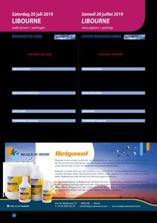 34
BRABANTSE UNIE
INKORVING op WOENSDAG 17 juli 2019
LOSSING op ZATERDAG 20 juli 2019
COORDINATEN	 +44°53’28”/ -00°14’43”
Avenue du Port du Roy
WINST of VERLIES 740 km
NEUTRALISATIE
Zaterdag	   20/7	 5u22	 22u45
Zondag	   21/7	 5u23	 22u44
Maandag	   22/7	 5u25	 22u43
Dinsdag	   23/7	 5u26	 22u41
Woensdag	   24/7	 5u27	 22u40
Donderdag	   25/7	 5u29	 22u39
INLEG VOOR ONKOSTEN	
Oude duiven : € 2,65 (€ 2,50 + € 0,15 uitslagen)
Jaarlingen : € 2,65 (€ 2,50 + € 0,15 uitslagen)			
18 duiven per mand
(onvolledige manden : aantal en geslacht vermelden a.u.b.)	
UITSLAGEN
nationaal  Nationaal via WPROL	
WAARBORG (nationaal)
Oude duiven : 1 mieze tot € 50
Jaarlingen : 1 mieze tot € 20				
	
UNION BRABANCONNE
ENLOGEMENT le MERCREDI 17 juillet 2019
LACHER le SAMEDI 20 juillet 2019
COORDONNEES +44°53’28”/ -00°14’43”
Avenue du Port du Roy
GAIN ou PERTE 740 km
NEUTRALISATION
Samedi	   20/7	 5u22	 22u45
Dimanche	   21/7	 5u23	 22u44
Lundi	   22/7	 5u25	 22u43
Mardi	   23/7	 5u26	 22u41
Mercredi	   24/7	 5u27	 22u40
Jeudi	   25/7	 5u29	 22u39
MISE POUR FRAIS 	
Vieux pigeons : € 2,65 (€ 2,50 + € 0,15 résultats)
Yearlings : € 2,65 (€ 2,50 + € 0,15 résultats)
18 pigeons par panier
(paniers incomplets : mentionner le nombre et le sexe s.v.p.)
RESULTATS
national  National via WPROL
GARANTIES (national)
Vieux pigeons : 1 mise à € 50
Yearlings : 1 mise à € 20
Zaterdag 20 juli 2019
LIBOURNE
oude duiven + jaarlingen
Samedi 20 juillet 2019
LIBOURNE
vieux pigeons + yearlings
Belgasol®
Belgasol is een unieke combinatie van elektrolyten en vitamine B2 op basis van energiedragers,
die bij vochtverlies (uitdroging) voor een supersnelle vochtopname (rehydratie) vanuit de darmen
zorgt. De werking is beter en sneller dan bij gewone elektrolyten.
Belgasol is ideaal voor een snel herstel na de vlucht en ter voorbereiding op zware vluchten of
vluchten bij warm weer. Bij thuiskomst 25 ml/liter water, daarna 1 à 2 keer per week 15 ml/liter
water. Belgasol kan zelfs tot aan het inkorven gegeven worden.
In het kweekseizoen is Belgasol de perfecte remedie bij plotseling optredende waterige mest
bij de overgang van pap naar hard voer. Geef uw duiven daarom gedurende vijf opeenvolgende
dagen 25 ml Belgasol per liter water vanaf dat de jongen ca. 1 week oud zijn. Belgasol kan
gecombineerd worden met alle andere Belgica De Weerd producten.
Belgasol is verkrijgbaar in 250 ml, 500 ml, 1000 ml en 5000 ml
Van de Reijtstraat 21 I 4814 NE I Breda
T +31 76 560 02 22 I info@belgicadeweerd.com I www.belgicadeweerd.com
 
