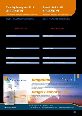 45
OOST – VLAAMSE VERENIGING
INKORVING op DONDERDAG 22 augustus 2019
LOSSING op ZATERDAG 24 augustus 2019
COORDINATEN +46°35’19”/+01°31’35”
Parking Salle de Fête“La Grenaille”
WINST of VERLIES 	 515 km
NEUTRALISATIE
Zaterdag	   24/8	 6u13	 21u46
Zondag	   25/8	 6u15	 21u44
Maandag	   26/8	 6u16	 21u41
Dinsdag	   27/8	 6u18	 21u39
Woensdag	   28/8	 6u19	 21u37
Donderdag	   29/8	 6u21	 21u35
INLEG VOOR ONKOSTEN
Oude duiven en Jaarlingen samen
€ 1,90 (€ 1,75 + € 0,15 uitslagen)					
Jonge duiven : € 1,90 (€ 1,75 + € 0,15 uitslagen)		
22 duiven per mand
UITSLAGEN
(nationaal + zonaal) via WPROL
BERICHT T.A.V. DE INKORVINGSBURELEN
De inleggelden blijven in de maatschappij.
Na publicatie van de definitieve uitslag wordt de afrekening op-
gestuurd
Alle poelbrieven en bestatigingen worden naar Wprol en naar
Data Technology opgestuurd.
OOST – VLAAMSE VERENIGING
ENLOGEMENT le JEUDI 22 août 2019
LACHER le SAMEDI 24 août 2019
COORDONNEES +46°35’19”/+01°31’35”
Parking Salle de Fête“La Grenaille”
GAIN ou PERTE 515 km
NEUTRALISATION
Samedi	   24/8	 6h13	 21h46
Dimanche	   25/8	 6h15	 21h44
Lundi	   26/8	 6h16	 21h41
Mardi	   27/8	 6h18	 21h39
Mercredi	   28/8	 6h19	 21h37
Jeudi	   29/8	 6h21	 21h35
MISE POUR FRAIS
Vieux pigeons et Yearlings unis :
€ 1,90 (€ 1,75 + € 0,15 résultats)
Pigeonneaux : € 1,90 (€ 1,75 + € 0,15 résultats)
22 pigeons par panier
RESULTATS
(national + zonal) via WPROL
AVIS AUX BUREAUX D’ENLOGEMENTS
Les enjeux restent dans les sociétés.
Après la publication du résultat définitif, un décompte vous sera
envoyé.
Les bulletins d’enjeux et les constatations seront envoyés à Wprol
ainsi qu’à Data Technology.
Zaterdag 24 augustus 2019
ARGENTON
oude duiven en jaarlingen samen + jonge duiven 2019
Samedi 24 aôut 2019
ARGENTON
vieux pigeons et yearlings unis + pigeonneaux 2019
BelgaBion®
Ter ondersteuning van de conditie adviseren wij om gedurende het sportseizoen steeds op dinsdag
Belga Bion te verstrekken. Dit kan zowel door het water (1 zakje op 3 liter) als over het voer (1 zakje op
1,5 kg). Belga Bion is een hoogwaardig, goed oplosbaar, uitgebalanceerd multivitaminepreparaat met
13 vitamines op basis van energiedragers, dat bovendien mineralen en sporenelementen, inclusief
jodium en ijzer, bevat.
Belga Essential Oil
Wetenschappelijk samengestelde olie met gamma oryzanol, lecithine, carnitine en creatine ter
verhoging van het uithoudingsvermogen. De toegevoegde kruidenextracten hebben bovendien
een positief effect op de microflorabalans in de darm. 15 ml Essential Oil vermengen met 1 kg voer.
Van de Reijtstraat 21 I 4814 NE I Breda
T +31 76 560 02 22 I info@belgicadeweerd.com I www.belgicadeweerd.com
 
