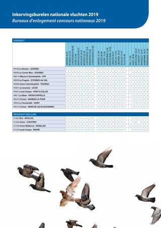 48
HAINAUT
VIERZON18-05
BOURGES25-05
CHATEAUROUX08-06
TOURS22-06
MONTLUCON06-07
ISSOUDUN20-07
BOURGES03-08
CHATEAUROUX10-8
ARGENTON24-08
CHATEAUROUX07-09
LIMOGES01-06
VALENCE08-06
CAHORS15-06
MONTAUBAN22-06
MONTELIMAR29-06
LIMOGES06-07
AURILLAC13-07
LIBOURNE20-07
SOUILLAC27-07
TULLE03-08
PAU21-06
AGEN28-06
BARCELONA05-07
ST.VINCENT12-07
MARSEILLE19-07
NARBONNE26-07
PERPIGNAN02-08
99198 Le Ramier - LESSINES ● ● ● ● ● ● ● ● ● ● ● ● ● ● ● ● ● ● ● ● ● ● ● ● ● ● ●
99290 Le Carrier Bleu - SOIGNIES ● ● ● ● ● ● ● ● ● ● ● ● ● ● ● ● ● ● ● ● ● ● ● ● ● ●
99014 Alliance Colombophile - ATH ● ● ● ● ● ● ● ● ● ● ● ● ● ● ● ● ● ● ● ● ● ● ● ● ● ● ●
99099 Le Progrès - ESTINNES-AU-VAL ● ● ● ● ● ● ● ● ● ● ● ● ● ● ● ● ● ● ● ● ● ● ● ● ● ● ●
99308 Union Colombophile - TOURNAI ● ● ● ● ● ● ● ● ● ● ● ● ● ● ● ● ● ● ● ● ● ● ● ● ● ● ●
99201 La Leuzoise - LEUZE ● ● ● ● ● ● ● ● ● ● ● ● ● ● ● ● ● ● ● ● ● ● ● ● ● ● ●
99267 Local Unique - PONT-A-CELLES ● ● ● ● ● ● ● ● ● ● ● ● ● ● ● ● ● ● ● ● ● ● ● ● ● ● ●
99012 Le Bizet - FROIDCHAPPELLE ● ● ● ● ● ● ● ● ● ● ● ● ● ● ● ● ● ● ● ● ● ● ● ● ● ●
99423 L'Union - MARBAX-LA-TOUR ● ● ● ● ● ● ● ● ● ● ● ● ● ● ● ● ● ● ● ● ● ● ● ● ● ●
99343 La Tourterelle - GIVRY ● ● ● ● ● ● ● ● ● ● ● ● ● ● ● ● ● ● ● ● ● ● ● ● ● ●
99213 L'Union - MARCHE-LEZ-ECAUSSINNES ● ● ● ● ● ● ● ● ● ● ● ● ● ● ● ● ● ● ● ● ● ● ● ● ● ●
BRABANT WALLON
01502 RLU - NIVELLES ● ● ● ● ● ● ● ● ● ● ● ● ● ● ● ● ● ● ● ● ● ● ● ● ● ●
01506 Union - CHASTRES ● ● ● ● ● ● ● ● ● ● ● ● ● ● ● ● ● ● ● ● ● ● ● ● ●
01520 Union Wallonne - RAMILLIES ● ● ● ● ● ● ● ● ● ● ● ● ● ● ● ● ● ● ● ● ● ● ● ● ● ● ●
01529 Local Unique - WAVRE ● ● ● ● ● ● ● ● ● ● ● ● ● ● ● ● ● ● ● ● ● ● ● ● ● ●
Inkorvingsburelen nationale vluchten 2019
Bureaux d'enlogement concours nationaux 2019
 