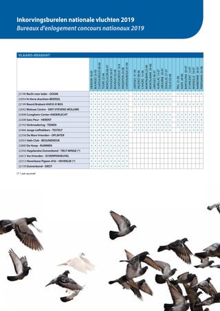 50
Inkorvingsburelen nationale vluchten 2019
Bureaux d'enlogement concours nationaux 2019
(*) 1 jaar op proef
VLAAMS-BRABANT
VIERZON18-05
BOURGES25-05
CHATEAUROUX08-06
TOURS22-06
MONTLUCON06-07
ISSOUDUN20-07
BOURGES03-08
CHATEAUROUX10-8
ARGENTON24-08
CHATEAUROUX07-09
LIMOGES01-06
VALENCE08-06
CAHORS15-06
MONTAUBAN22-06
MONTELIMAR29-06
LIMOGES06-07
AURILLAC13-07
LIBOURNE20-07
SOUILLAC27-07
TULLE03-08
PAU21-06
AGEN28-06
BARCELONA05-07
ST.VINCENT12-07
MARSEILLE19-07
NARBONNE26-07
PERPIGNAN02-08
22190 Recht voor Ieder - GOOIK ● ● ● ● ● ● ● ● ● ● ● ● ● ● ● ● ● ● ● ● ● ● ● ● ● ● ●
22054 Vr.Verre drachten-BEERSEL ● ● ● ● ● ● ● ● ● ● ● ● ● ● ● ● ● ● ● ●
22199 Noord Brabant-KAP.O-D BOS ● ● ● ● ● ● ● ● ● ● ● ● ● ● ● ● ● ● ● ● ● ● ● ● ● ● ●
22042 Woluwe Centre - SINT-STEVENS-WOLUWE ● ● ● ● ● ● ● ● ● ●
22408 Cureghem-Center-ANDERLECHT ● ● ● ● ● ● ● ● ● ● ● ● ● ● ● ● ● ● ● ● ● ● ● ● ● ● ●
22208 Sans Peur - HERENT ● ● ● ● ● ● ● ● ● ● ● ● ● ● ● ● ● ● ● ● ● ● ● ● ● ● ●
22742 Verbroedering - TIENEN ● ● ● ● ● ● ● ● ● ● ● ● ● ● ● ● ● ● ● ● ● ● ● ● ● ● ●
22466 Jonge Liefhebbers - TESTELT ● ● ● ● ● ● ● ● ● ● ● ● ● ● ● ● ● ● ● ● ● ● ● ● ● ●
22358 De Ware Vrienden - OPLINTER ● ● ● ● ● ● ● ● ● ●
22055 Hafo Club - BEGIJNENDIJK ● ● ● ● ● ● ● ● ● ●
22800 De Hoop - RUMMEN ● ● ● ● ● ● ● ● ● ●
22356 Hagelandse Duivenbond - TIELT-WINGE (*) ● ● ● ● ● ● ● ● ● ●
22672 Ver.Vrienden - SCHERPENHEUVEL ● ● ● ● ● ● ● ● ● ●
22212 Heverleese Pigeon d'Or - HEVERLEE (*) ● ● ● ● ● ● ● ● ● ●
22139 Duivenbond - DIEST ● ● ● ● ● ● ● ● ● ●
 