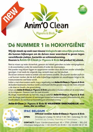 54
‘Dé NUMMER 1 in HOKHYGIËNE’
Wĳ zĳn steeds op zoek naar nieuwe biologische en natuurlĳke producten,
die kunnen bĳbrengen om de duiven meer weerstand te geven tegen
verschillende ziekten, bacteriën en schimmelvorming.
Daarom is Anim-O-Clean for Pigeons  Birds het product bĳ uitstek.
Niet te missen op ieder duivenhok, gewoon als hokwit gebruiken na ieder reinigingsbeurt,
in de woonbakken onder de nestschotels of onder de vloerroosters.
Het poeder mag blĳven liggen en opgenomen worden door de duiven zonder schadelĳke
gevolgen. U zal reeds de volgende dag, versteld staan van het resultaat.
De duiven vertonen reeds na enkele uren een betere conditie. De pluimen worden zacht en
u zal kunnen merken dat de duif witte krĳtachtige oogleden en neusdroppen krĳgt en de
mestconsistentie veel beter wordt.
Indien u met vloerroosters werkt, mag u regelmatig met Anim-O-Clean for Pigeons  Birds
de bodem bestrooien, hierdoor werkt u eventueel slechte geuren weg van de mest, ontsmet
u de vloer en houdt u de grond droog.
U kan ook Anim-O-Clean for Pigeons  Birds gebruiken in buitenvolière om te ontsmetten
en te ontgeuren. Gewoon over de mest strooien.
Bĳ droge mestmethode op het hok, mag je wekelĳk Anim-O-Clean for Pigeons  Birds
over de droge mest strooien of vermengen tussen het bodemstrooisel (vloerdekkorrel, stro,
houtbrokken). Zo voorkom je besmetting en schimmelvorming.
Anim-O-Clean for Pigeons  Birds IS VOLKOMEN ONSCHADELIJK voor
mens, dier en milieu!
IPAC BELGIUM
Ofﬁcieel verdeler Anim-O-Clean for Pigeons  Birds
OPEN: Dinsdag tot vrijdag: 10–12h  17.30–19h • Zaterdag: 10–12h
Gesloten op Zondag, Maandag en Feestdagen
CONTACT: Frans Vandersteenstraat 49 • 1750 LENNIK – BELGIE
info@ipac-belgium.be • +32 (0)475 44 35 85 • +32 (0)494 58 57 46
 