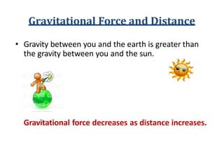 Gravitational Force and Distance
• Gravity between you and the earth is greater than
the gravity between you and the sun.
Gravitational force decreases as distance increases.
 