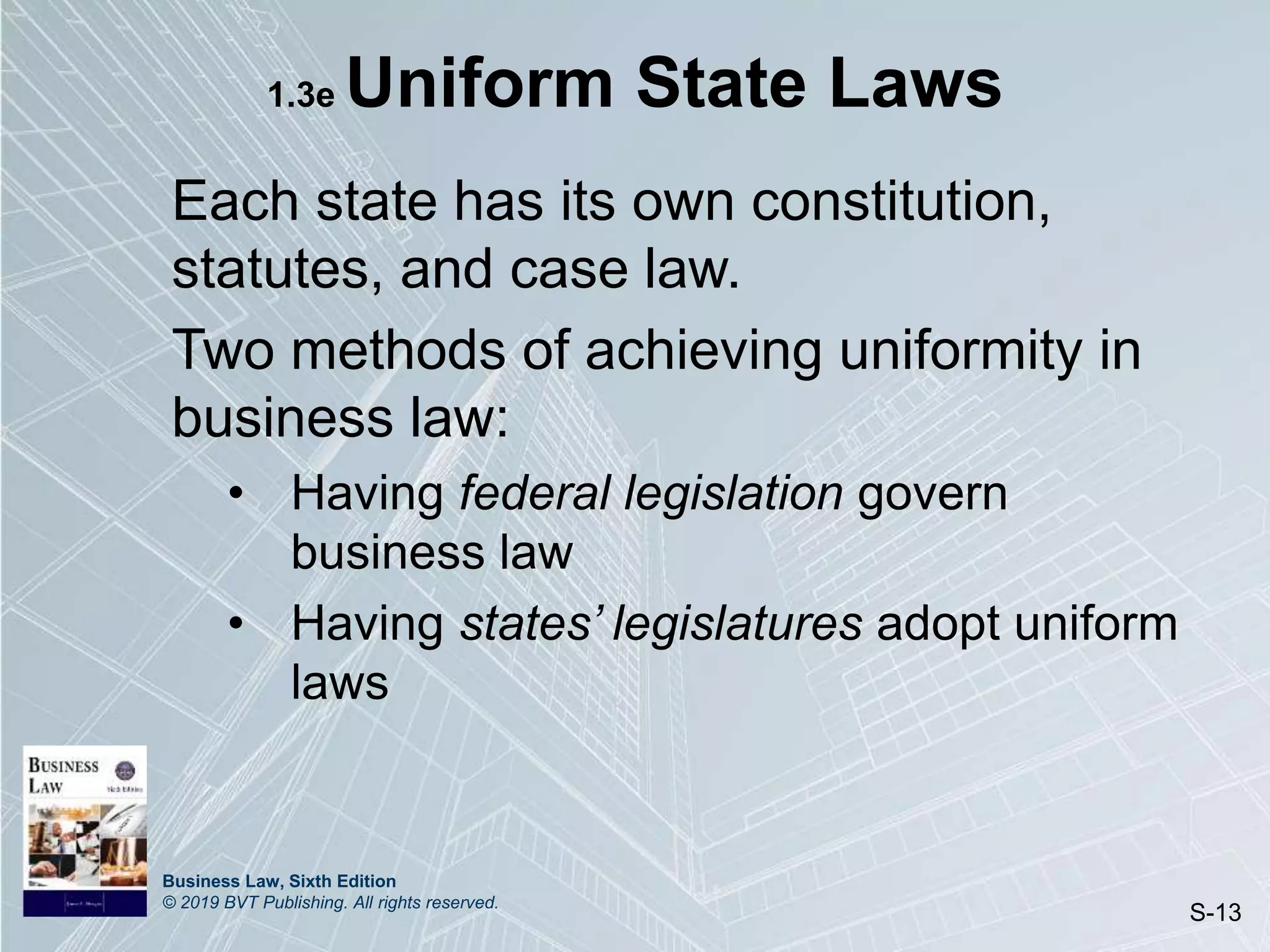 Business Law, Sixth Edition
© 2019 BVT Publishing. All rights reserved.
S-13
1.3e Uniform State Laws
Each state has its own constitution,
statutes, and case law.
Two methods of achieving uniformity in
business law:
• Having federal legislation govern
business law
• Having states’ legislatures adopt uniform
laws
 