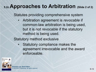 Business Law, Sixth Edition
© 2019 BVT Publishing. All rights reserved.
S-12
5.2c Approaches to Arbitration (Slide 2 of 2)
Statutes providing comprehensive system
• Arbitration agreement is revocable if
common-law arbitration is being used,
but it is not revocable if the statutory
method is being used.
Statutory method exclusive
• Statutory compliance makes the
agreement irrevocable and the award
enforceable.
 