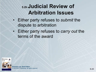 Business Law, Sixth Edition
© 2019 BVT Publishing. All rights reserved.
S-20
5.2h Judicial Review of
Arbitration Issues
• Either party refuses to submit the
dispute to arbitration
• Either party refuses to carry out the
terms of the award
 