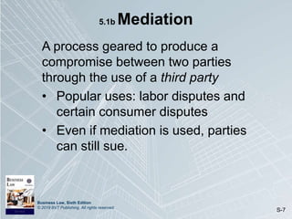 Business Law, Sixth Edition
© 2019 BVT Publishing. All rights reserved.
S-7
5.1b Mediation
A process geared to produce a
compromise between two parties
through the use of a third party
• Popular uses: labor disputes and
certain consumer disputes
• Even if mediation is used, parties
can still sue.
 