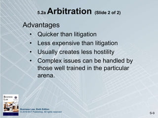 Business Law, Sixth Edition
© 2019 BVT Publishing. All rights reserved.
S-9
5.2a Arbitration (Slide 2 of 2)
Advantages
• Quicker than litigation
• Less expensive than litigation
• Usually creates less hostility
• Complex issues can be handled by
those well trained in the particular
arena.
 