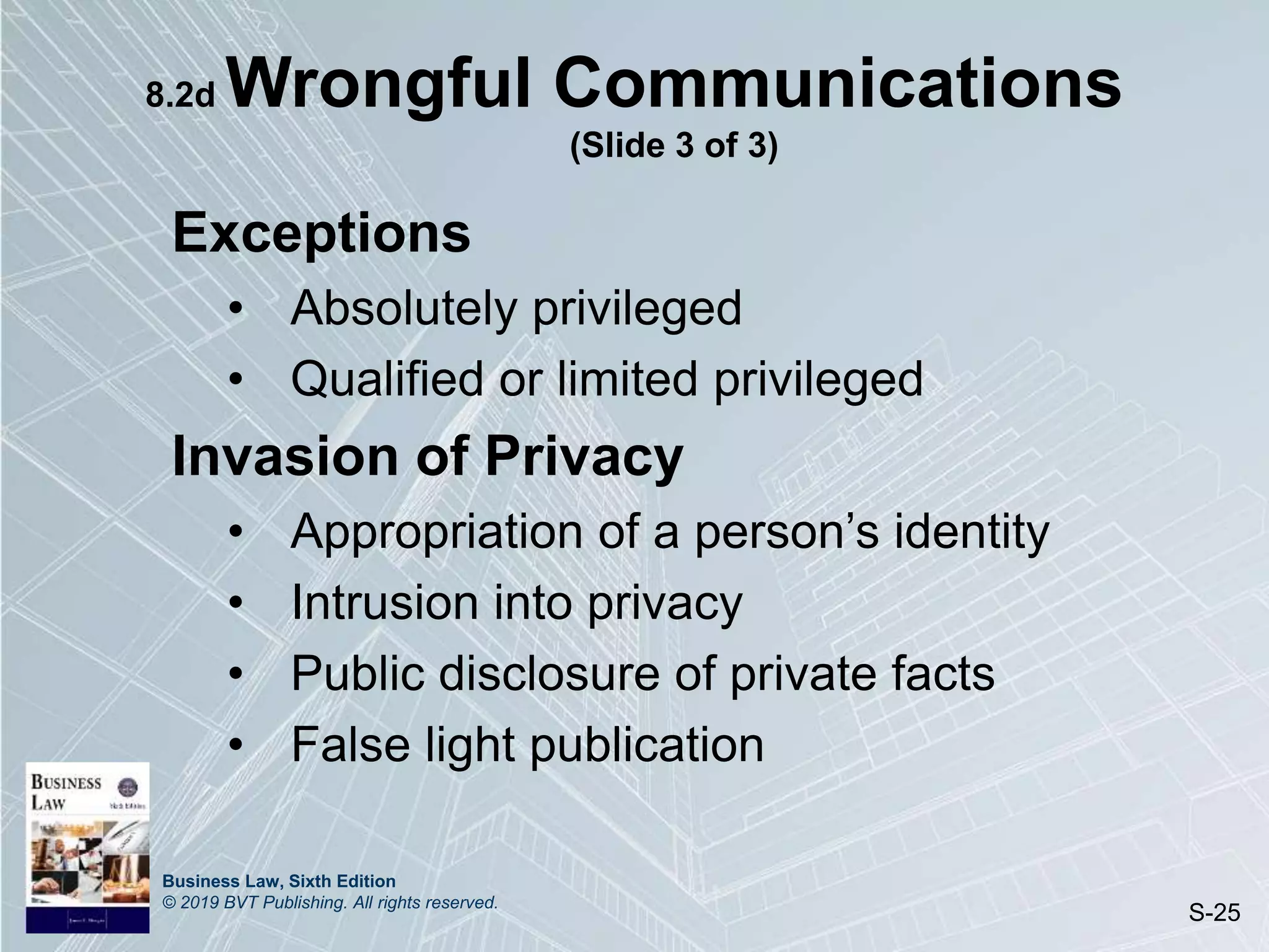 Business Law, Sixth Edition
© 2019 BVT Publishing. All rights reserved.
S-25
8.2d Wrongful Communications
(Slide 3 of 3)
Exceptions
• Absolutely privileged
• Qualified or limited privileged
Invasion of Privacy
• Appropriation of a person’s identity
• Intrusion into privacy
• Public disclosure of private facts
• False light publication
 