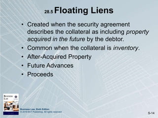 Business Law, Sixth Edition
© 2019 BVT Publishing. All rights reserved.
S-14
28.5 Floating Liens
• Created when the security agreement
describes the collateral as including property
acquired in the future by the debtor.
• Common when the collateral is inventory.
• After-Acquired Property
• Future Advances
• Proceeds
 