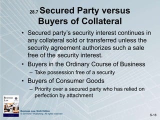 Business Law, Sixth Edition
© 2019 BVT Publishing. All rights reserved.
S-18
28.7 Secured Party versus
Buyers of Collateral
• Secured party’s security interest continues in
any collateral sold or transferred unless the
security agreement authorizes such a sale
free of the security interest.
• Buyers in the Ordinary Course of Business
– Take possession free of a security
• Buyers of Consumer Goods
– Priority over a secured party who has relied on
perfection by attachment
 